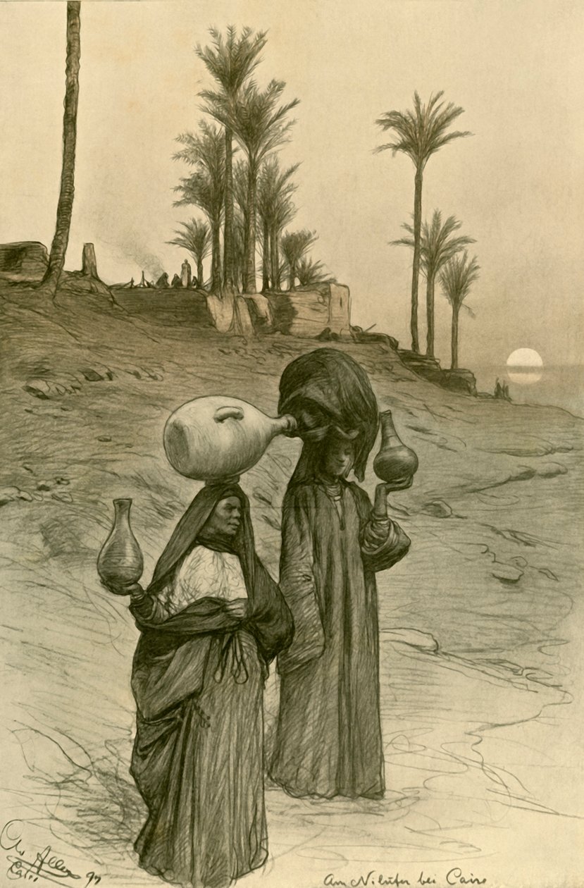 Kvinnor som bär vattenkrukor på Nilens strand, Kairo, Egypten, 1898. av Christian Wilhelm Allers