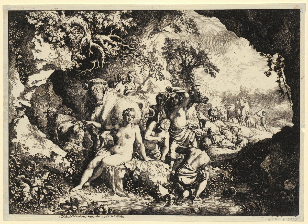 Badande nymfer i en klippgrotta av Christian Wilhelm Ernst Dietrich