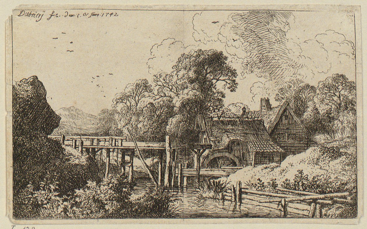 En kvarn med en hög vattenränna av Christian Wilhelm Ernst Dietrich