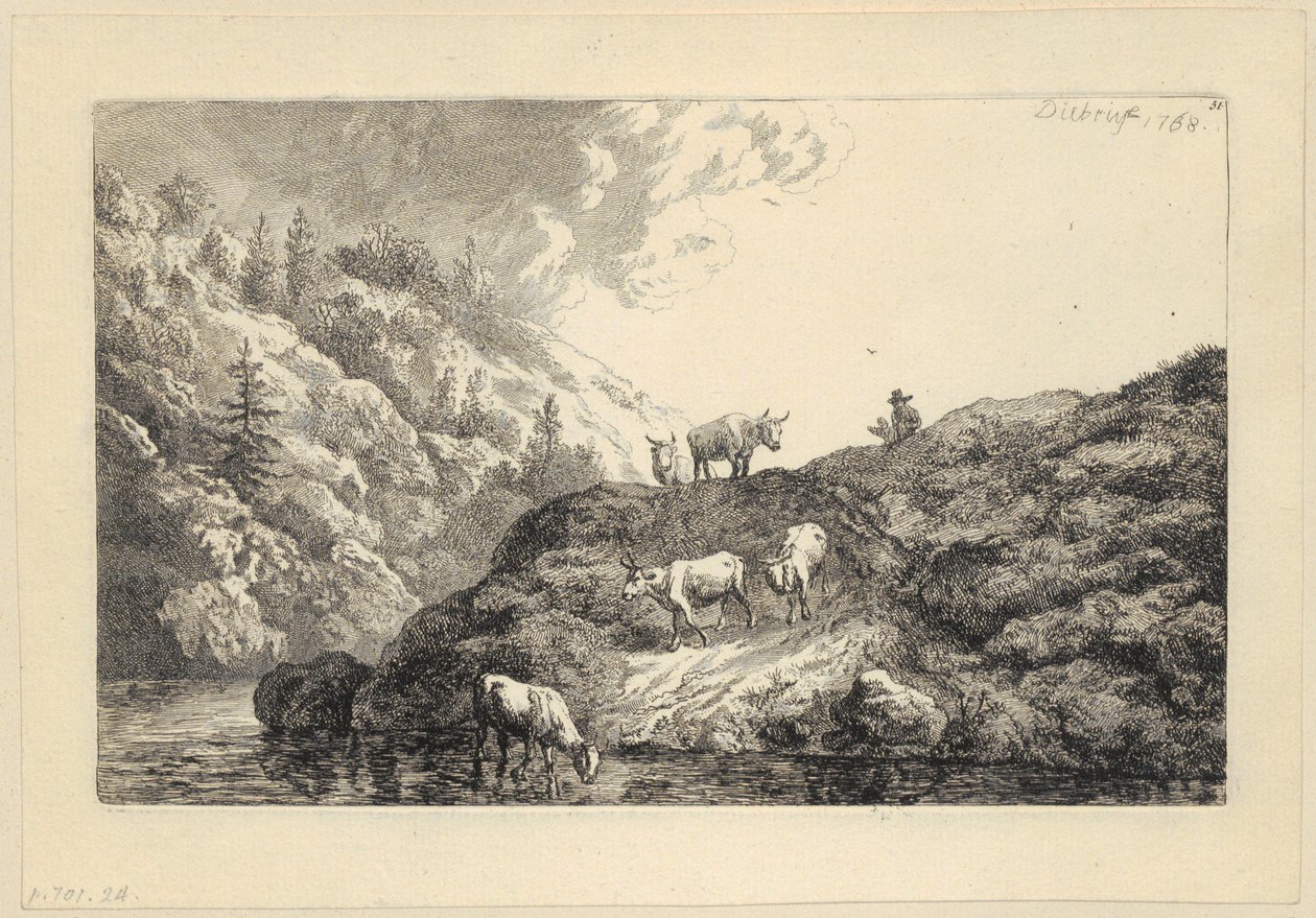 En djurhjord vid floden [Oxar drivna till vattenhålet] av Christian Wilhelm Ernst Dietrich