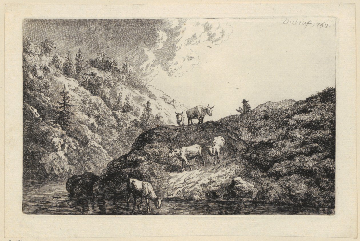 En djurhjord vid floden [Oxar drivna till vattenstället] av Christian Wilhelm Ernst Dietrich