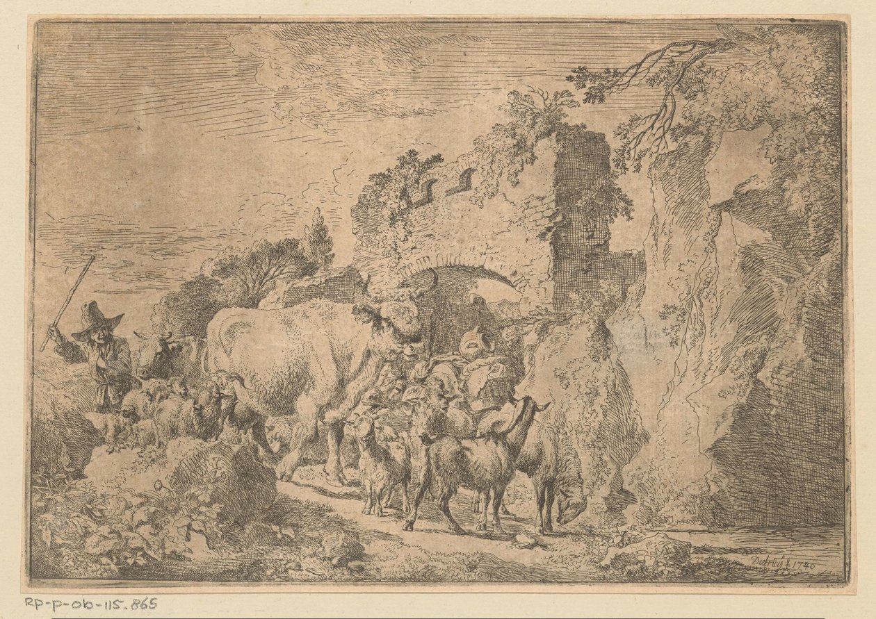 Herde med flock vid en ruin av Christian Wilhelm Ernst Dietrich