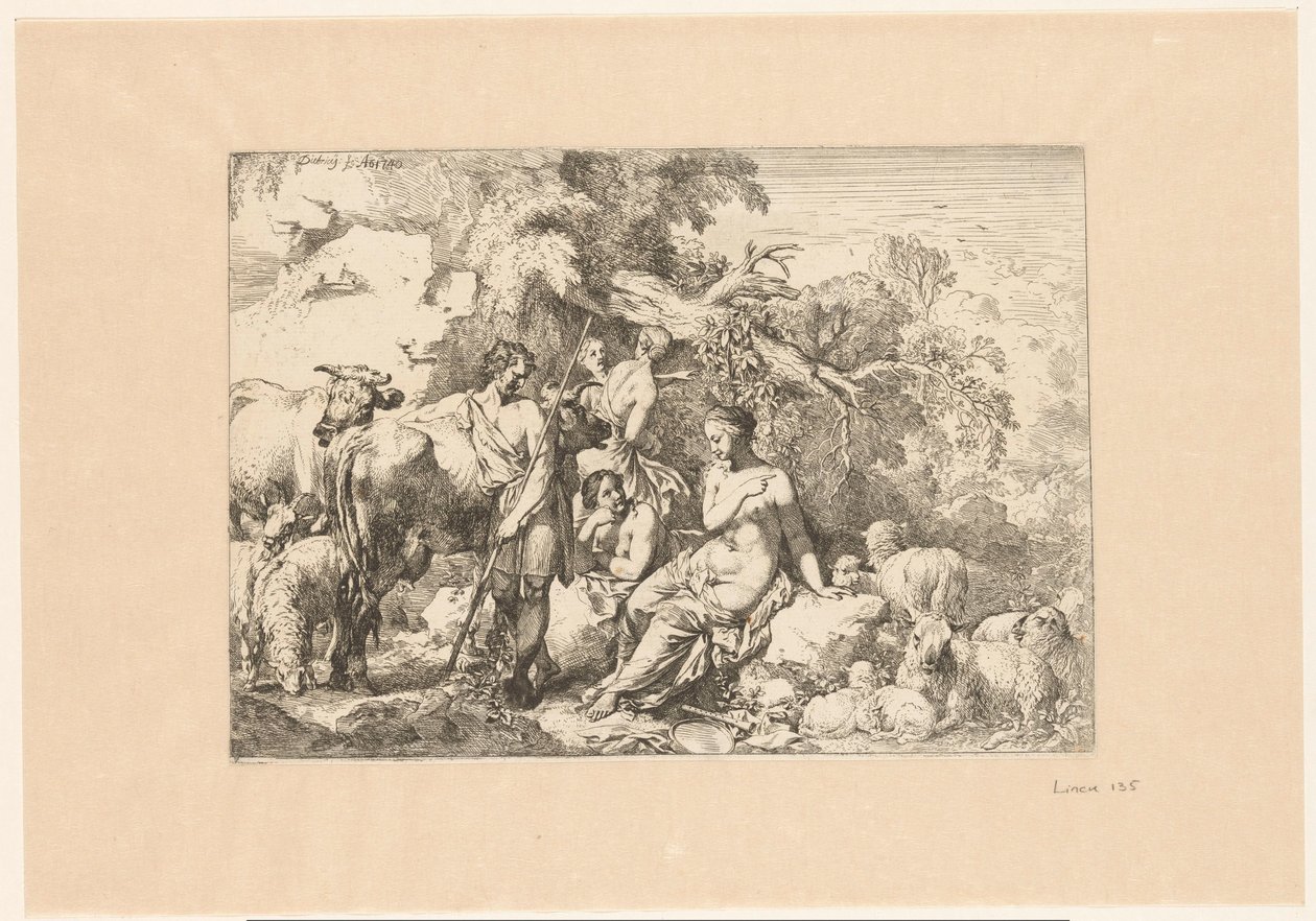 Herde med flock och fyra musor av Christian Wilhelm Ernst Dietrich