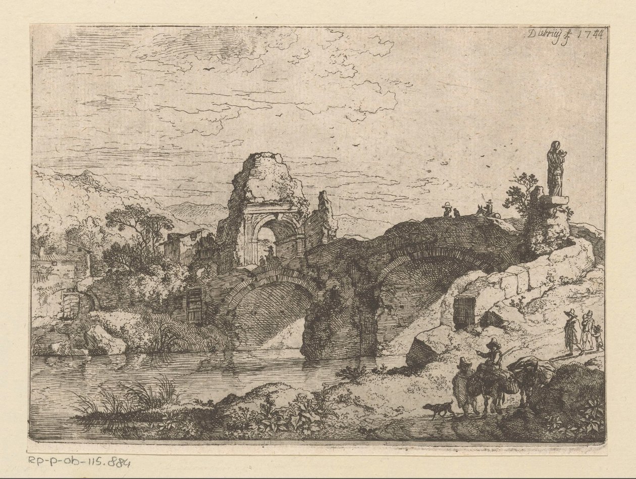 Landskap med ruinerna av en port intill en förfallen bro av Christian Wilhelm Ernst Dietrich