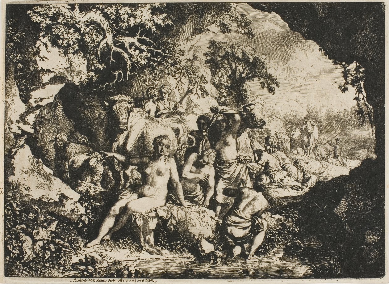 Nymfer som badar nära en grotta av Christian Wilhelm Ernst Dietrich