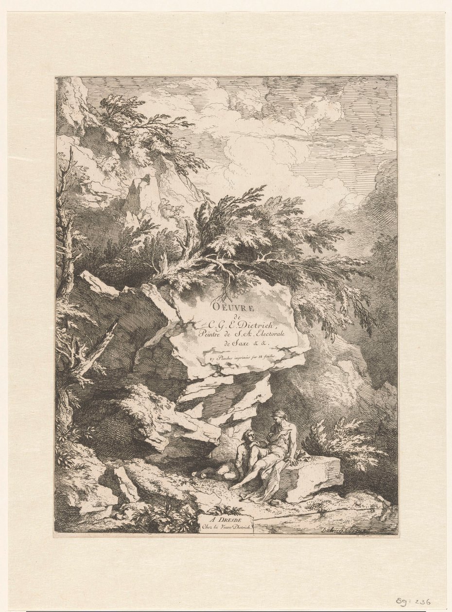 Stenlandskap med två figurer vilande på en sten Oeuvre av C. G. E. Dietrich (serietitel) Oeuvre de C. G. E. Dietrich, Peintre de S. A. Electorale de Saxe (...) (serietitel på objekt) av Christian Wilhelm Ernst Dietrich