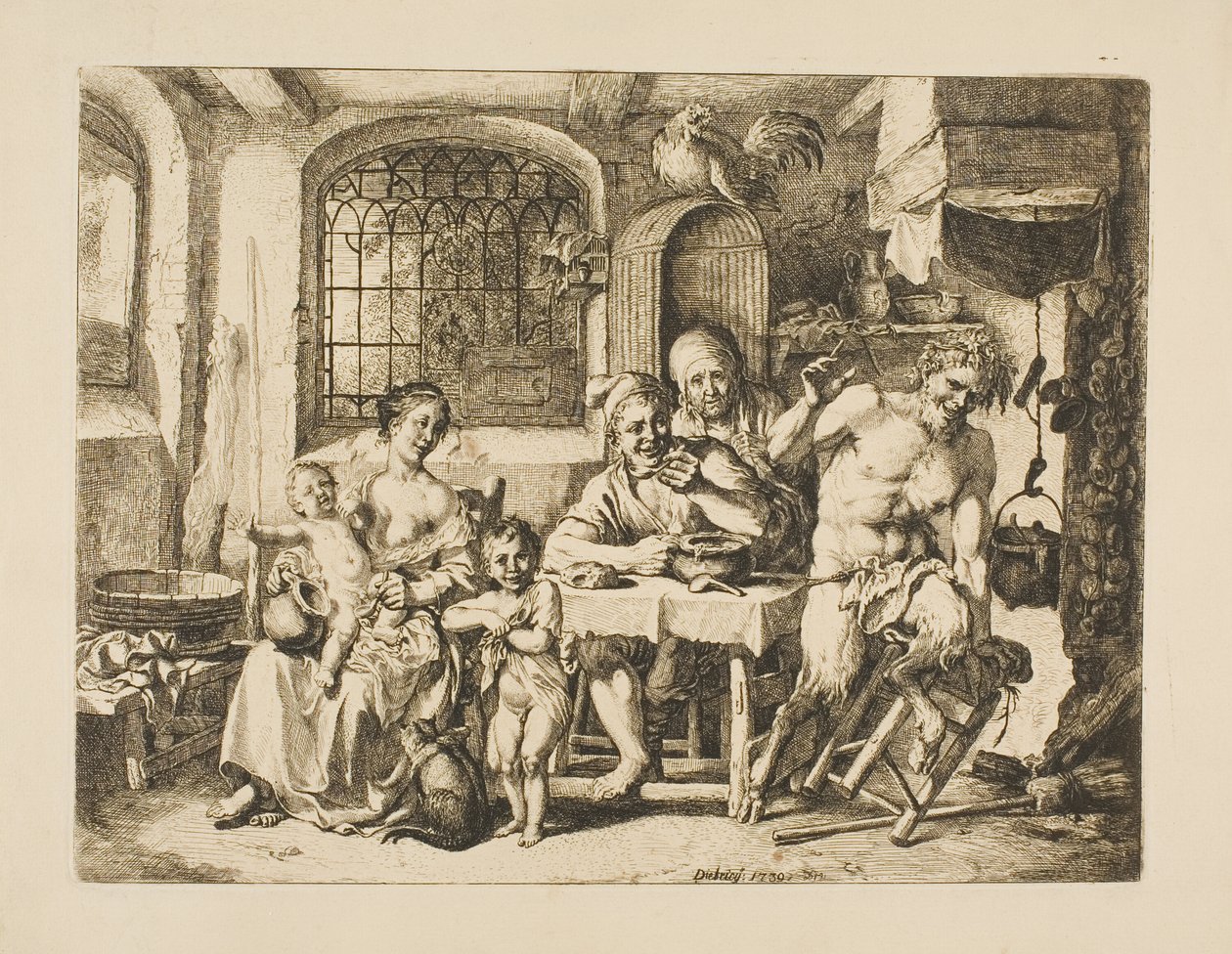 Satyr i ett bondehus, i stil med Jordaens av Christian Wilhelm Ernst Dietrich
