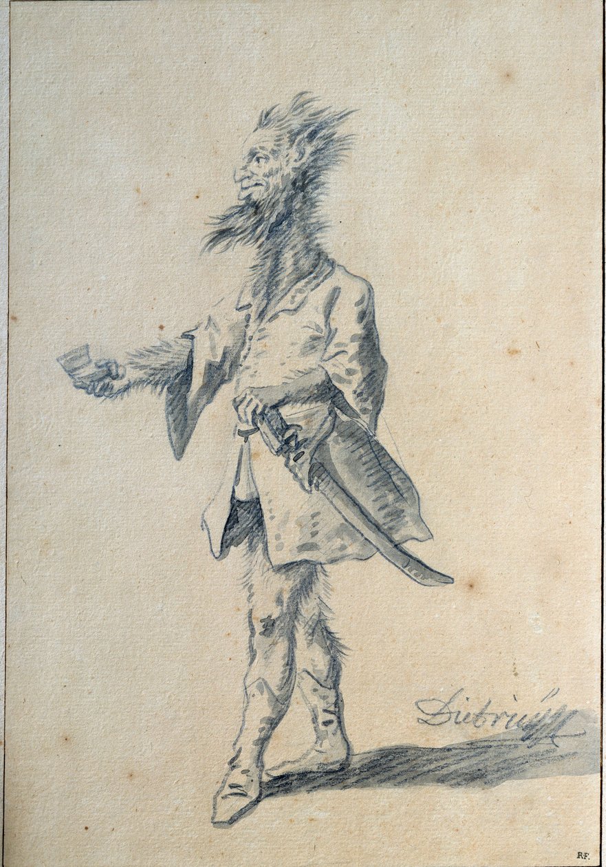Vildmannen Karikatyr föreställande en monstruös man med lång, hårig hals och kluvna öron. Lavis av Christian Wilhelm Ernst Dietrich (1712-1774) 1700-talet sön. 0,3x0,2 m Paris, Louvren av Christian Wilhelm Ernst Dietrich