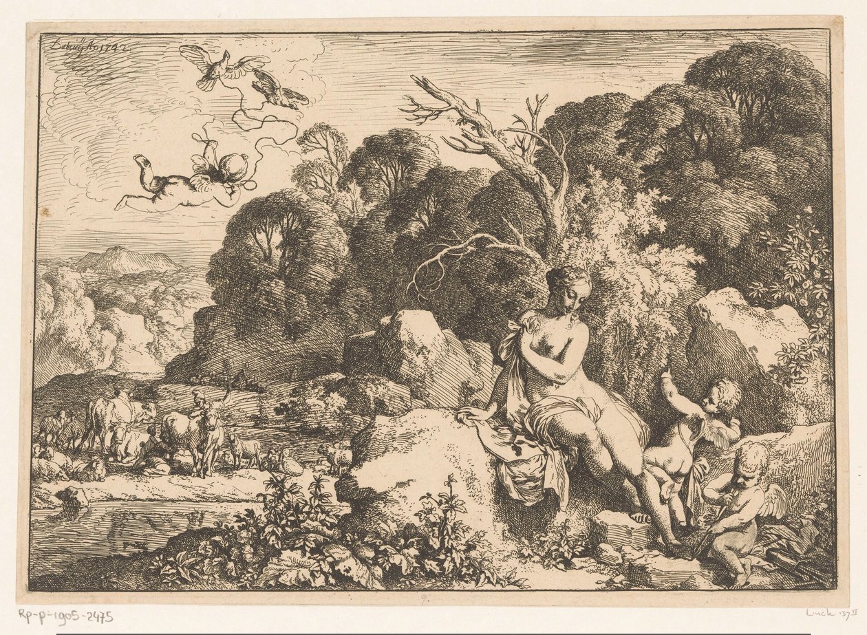 Venus sitter på en sten, ackompanjerad av tre putti av Christian Wilhelm Ernst Dietrich