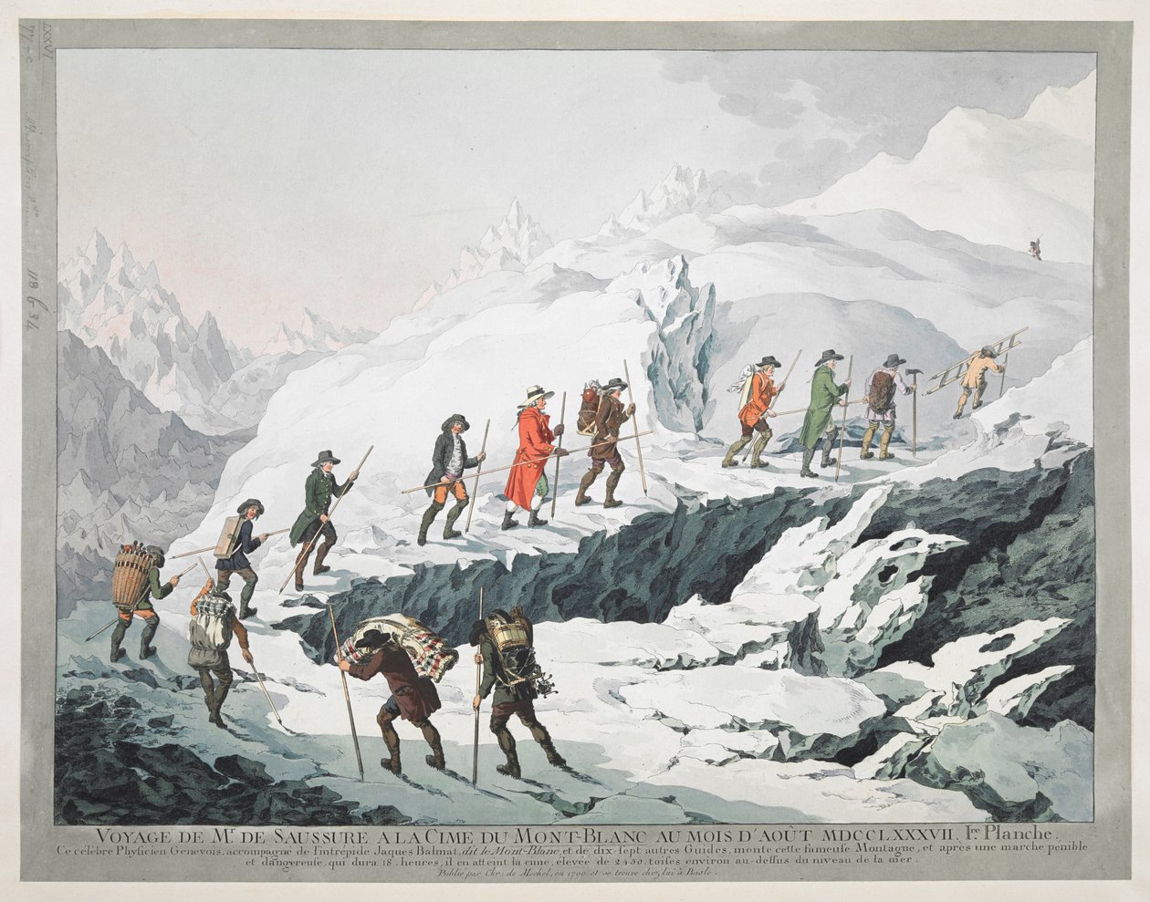 Horace Bénédict de Saussure och hans guider korsar en glaciär Month Blanc (gravyr) av Christian von Mechel