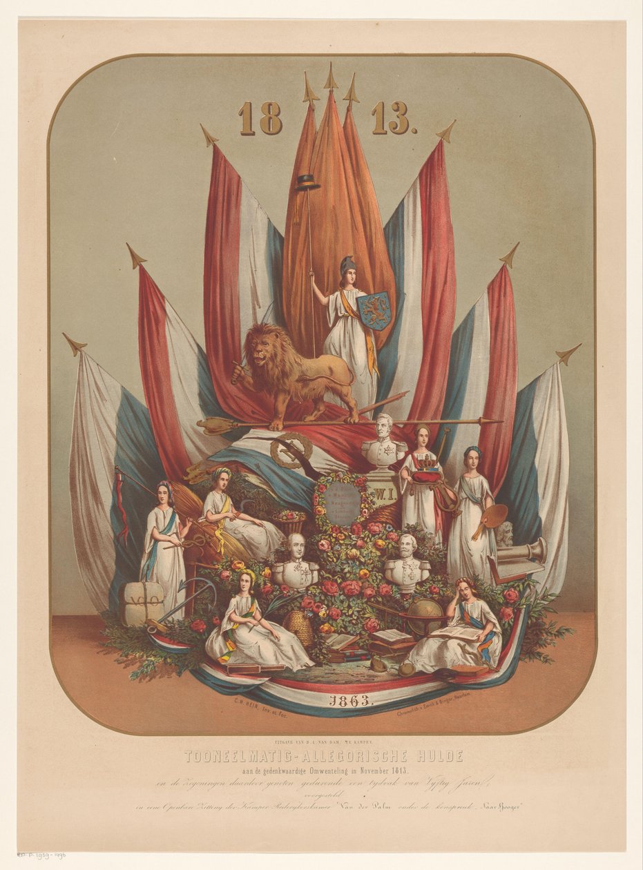 Allegorisk representation av den betydelsefulla revolutionen i november 1813 Teater-allegorisk hyllning till den minnesvärda revolutionen i november 1813 (...) (titel på objekt) av Christianus Hendricus Hein