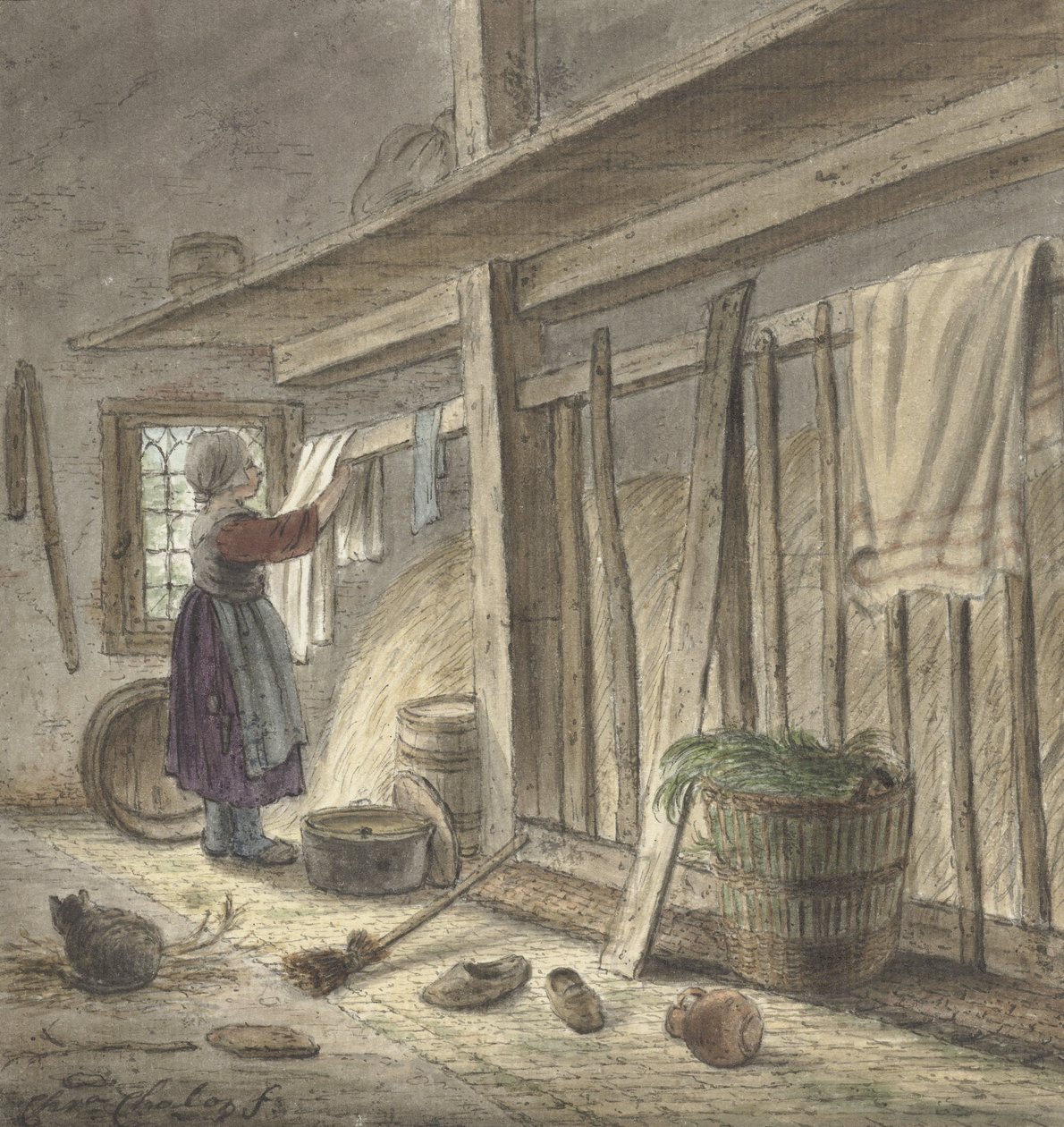 Hoekje van een stal met een meisje dat een doek ophangt (1772) van Christina Chalon av Christina Chalon