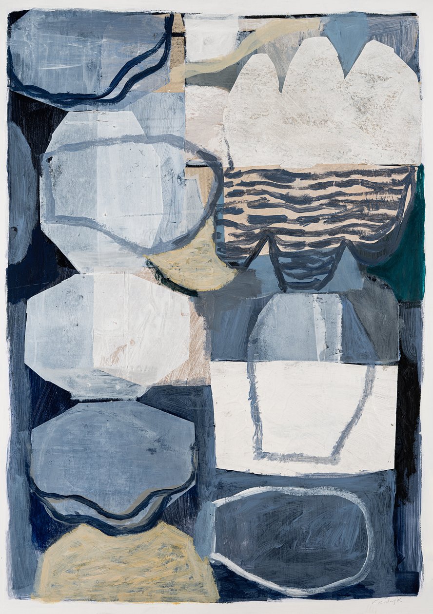 Horizons, 2023 (collage, akryl, husfärg, blandteknik på kort) av Christina Fedyk