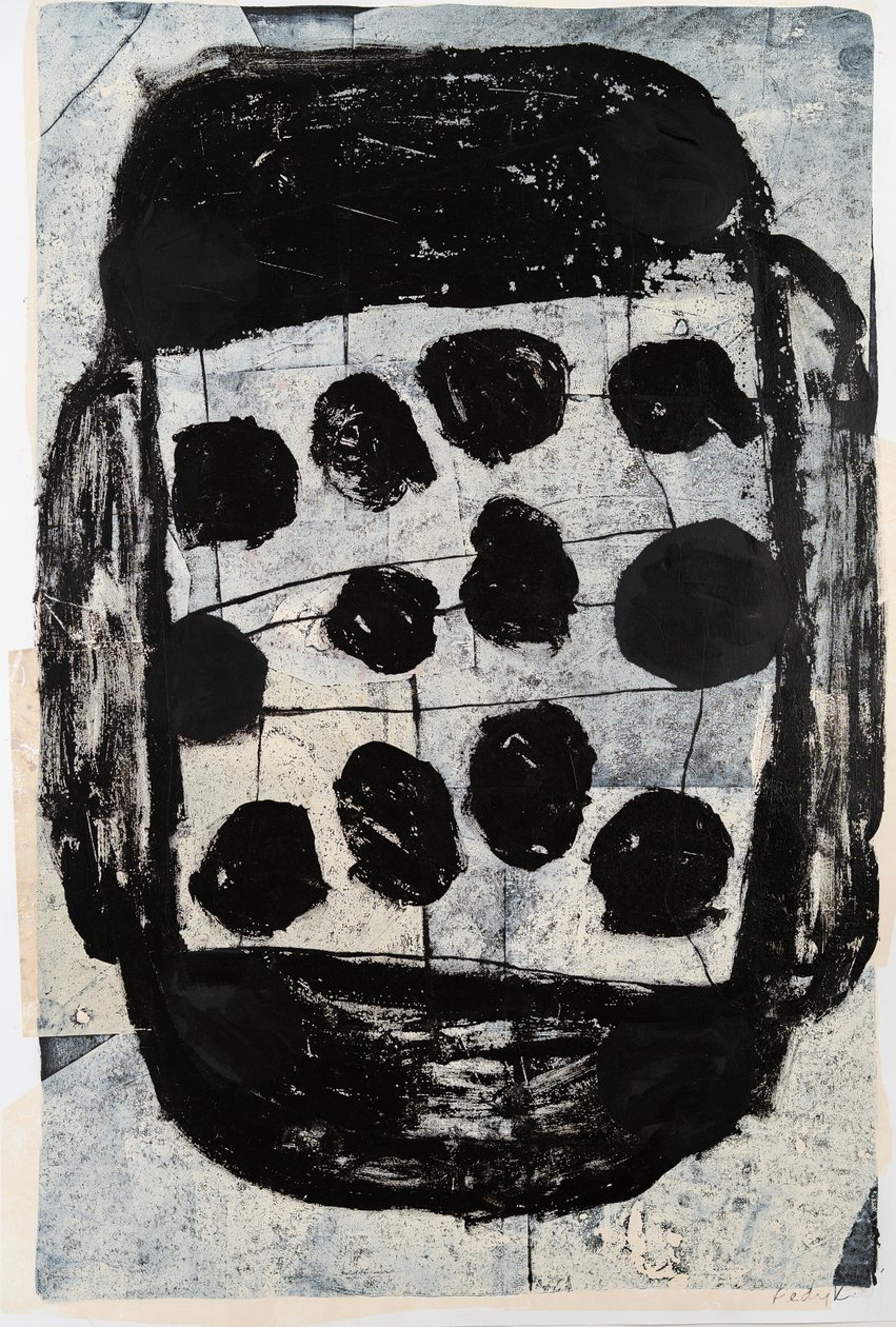 Particle Bounce, 2020 (svartvitt tryck, collage  färg på papper) av Christina Fedyk