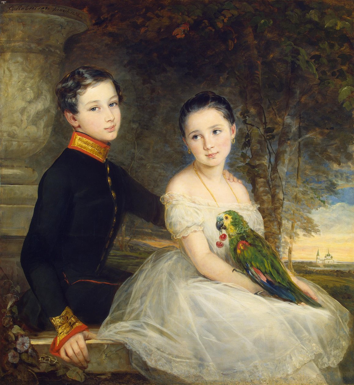Barn med papegoja par Robertson, Christina (1796-1854) av Christina Robertson