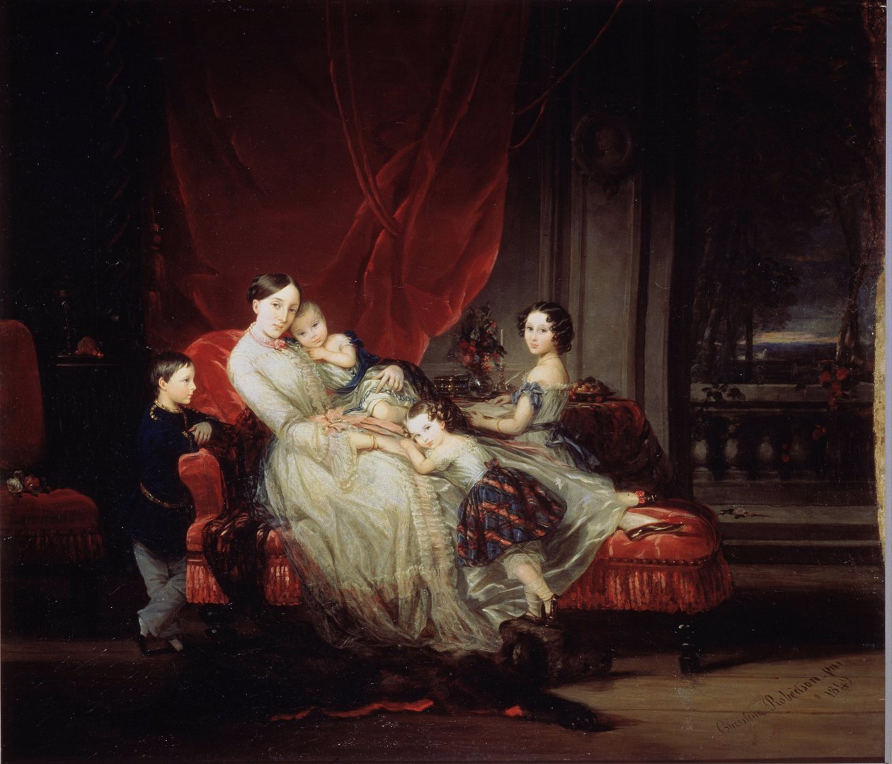 ""Porträtt av storhertiginnan Marie Nikolaievna av Ryssland (1819-1876) med fyra av hennes barn (Marie, Nicolas, Eugenie och Eugene bebe)"" Målning av Christina Robertson (1796-1854) 1849 Ryska museet, Sankt Petersburg av Christina Robertson