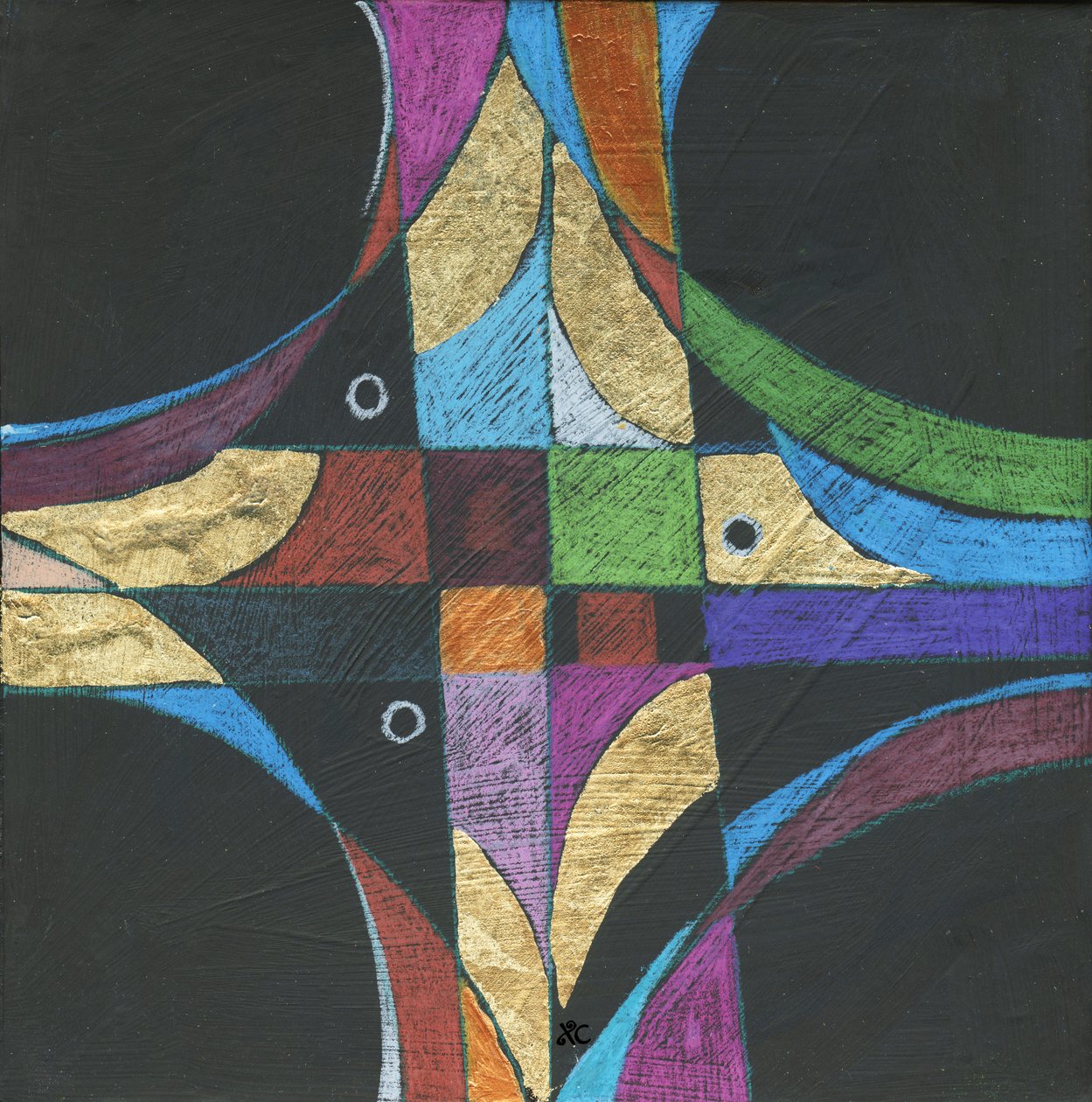 Sign Of The Cross, ca 2013 (akryl och färgpenna med bladguld på panel) av Christina Saj