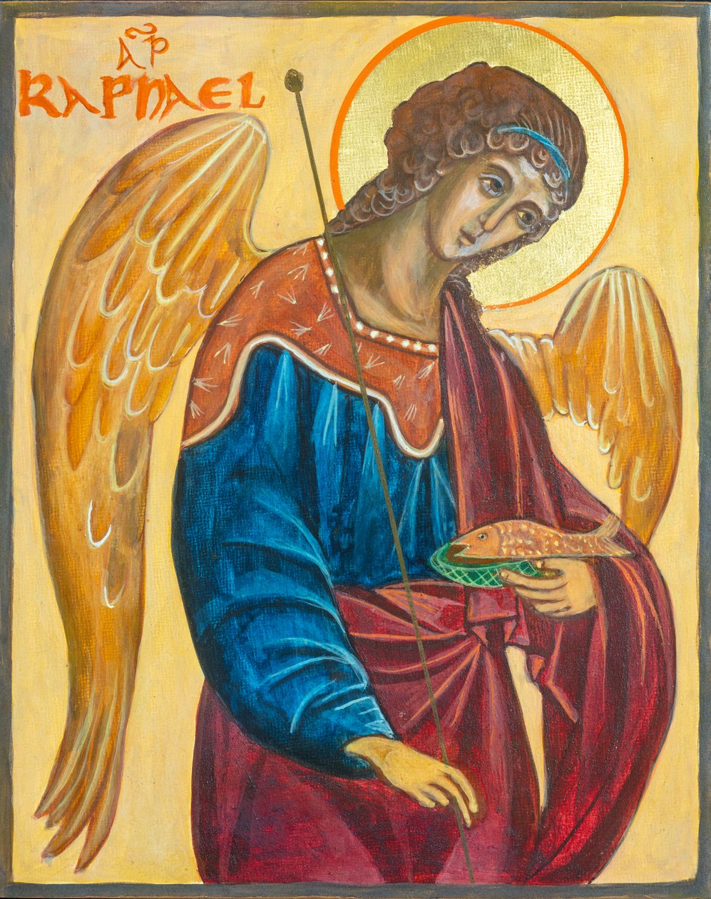 Ärkeängeln Raphael Icon, 2019 (äggtempera, bladguld, trä) av Christine Hales