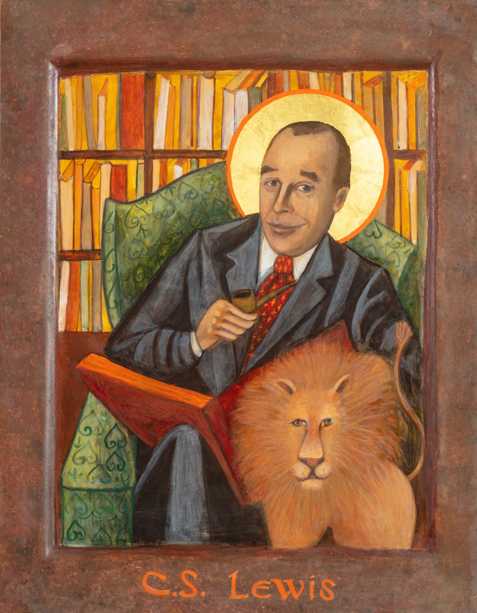 C. S. Lewis Icon, 2021 (äggtempera, bladguld, trä) av Christine Hales