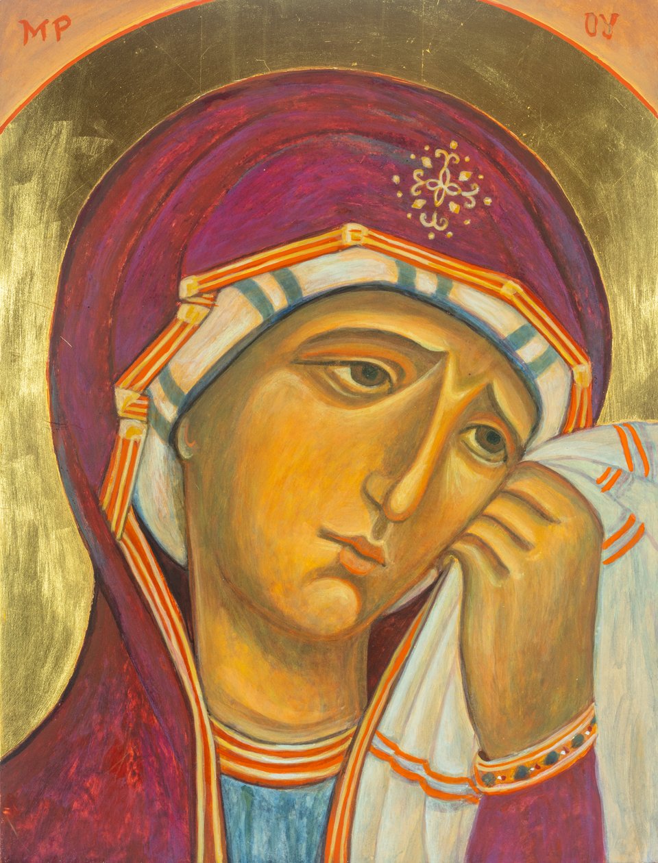 Our Lady of Sorrows, 2001 (äggtempera, trä, bladguld) av Christine Hales