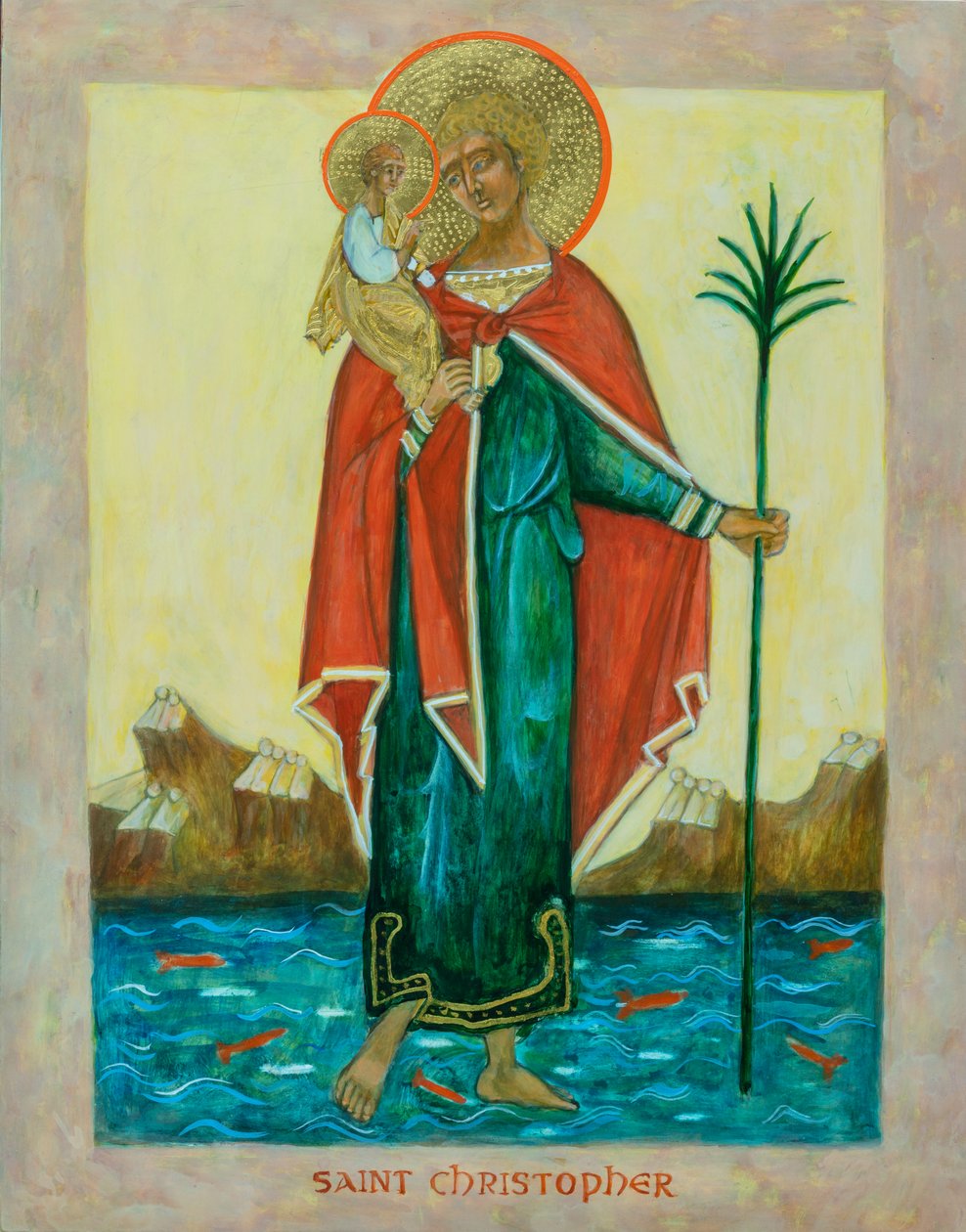 Saint Christopher Icon, 2023 (äggtempera, bladguld, trä) av Christine Hales