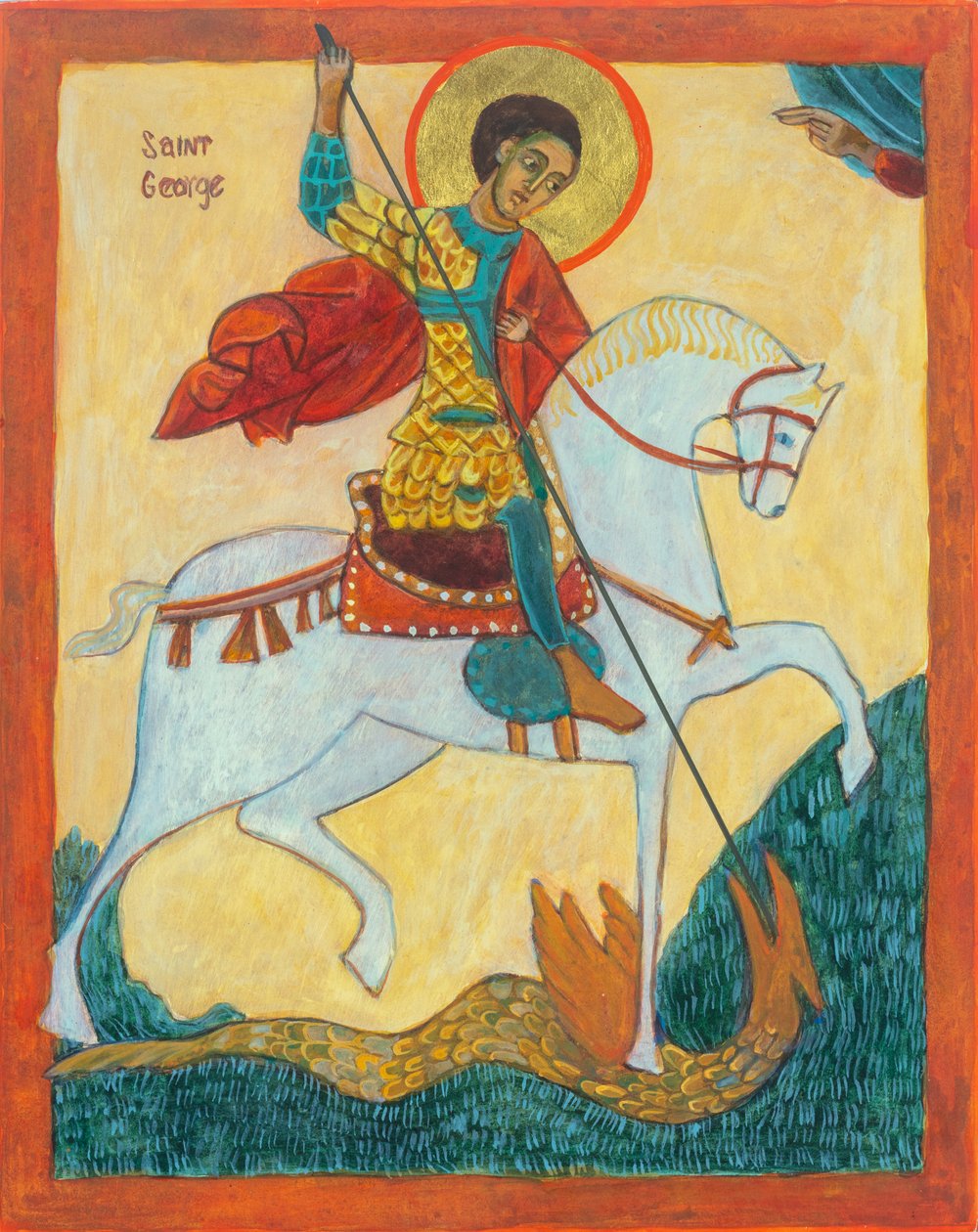 Sankt Göran och draken, 2012 (äggtempera, bladguld, trä) av Christine Hales