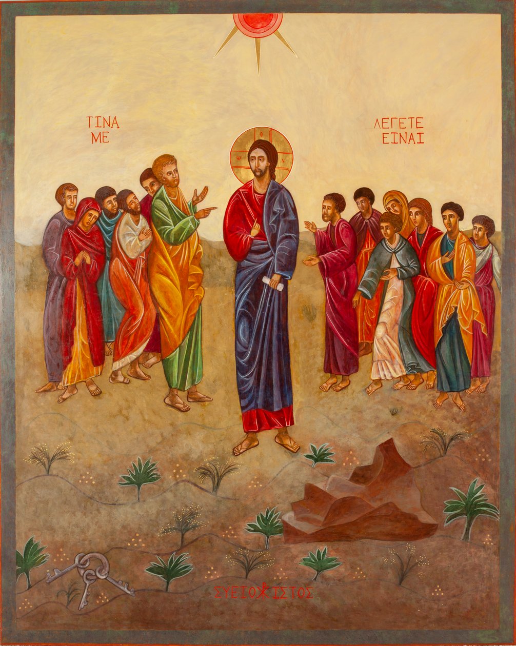 Sankt Peter och Kristus, 2000 (äggtempera, bladguld, trä) av Christine Hales