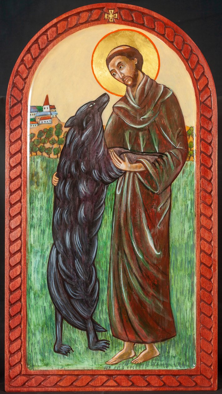 S:t Franciskus och vargen, 2004 (äggtempera, trä, bladguld) av Christine Hales