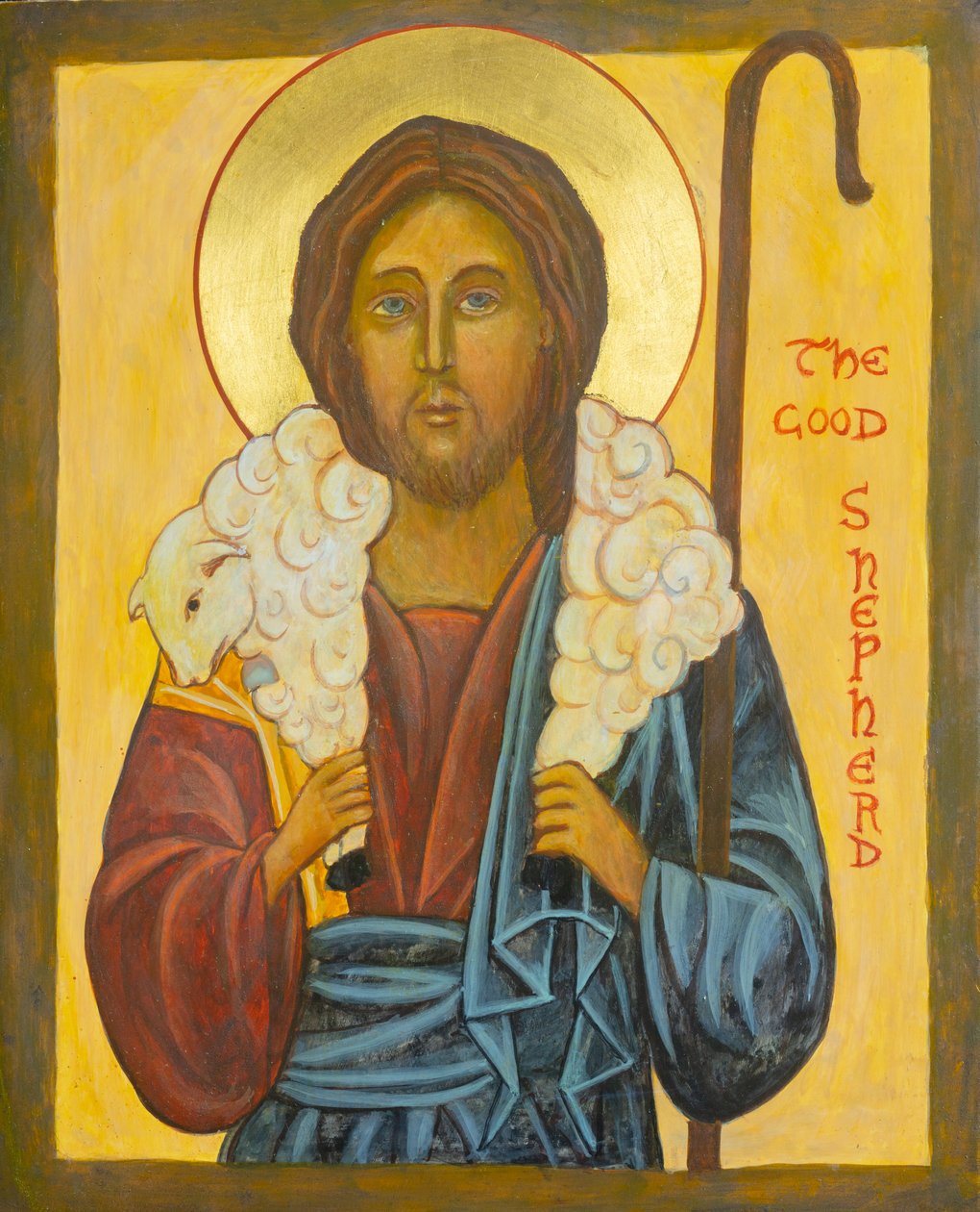 Den gode herden, 2020 (äggtempera, bladguld, trä) av Christine Hales