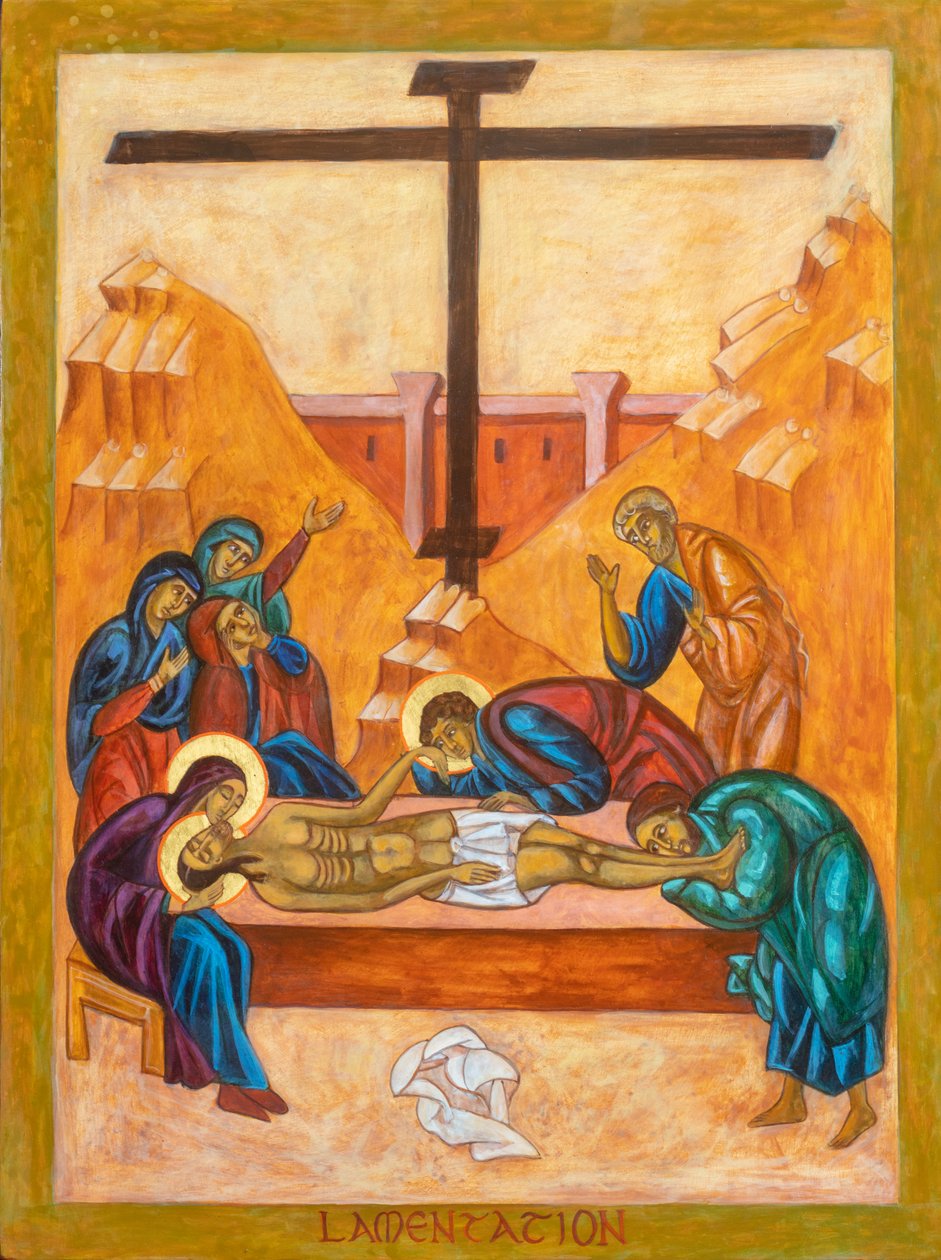 The Lamentation Icon, 2022 (äggtempera, bladguld, trä) av Christine Hales
