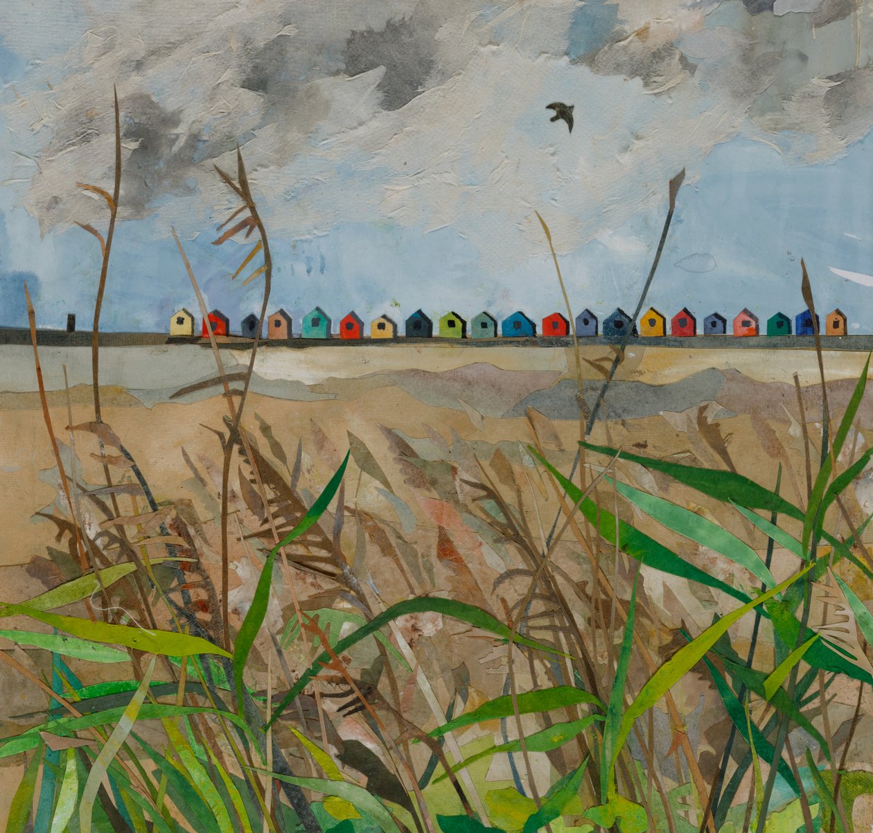 Beach Huts, 2023 (akvarellmålat papperscollage) av Christine McKechnie
