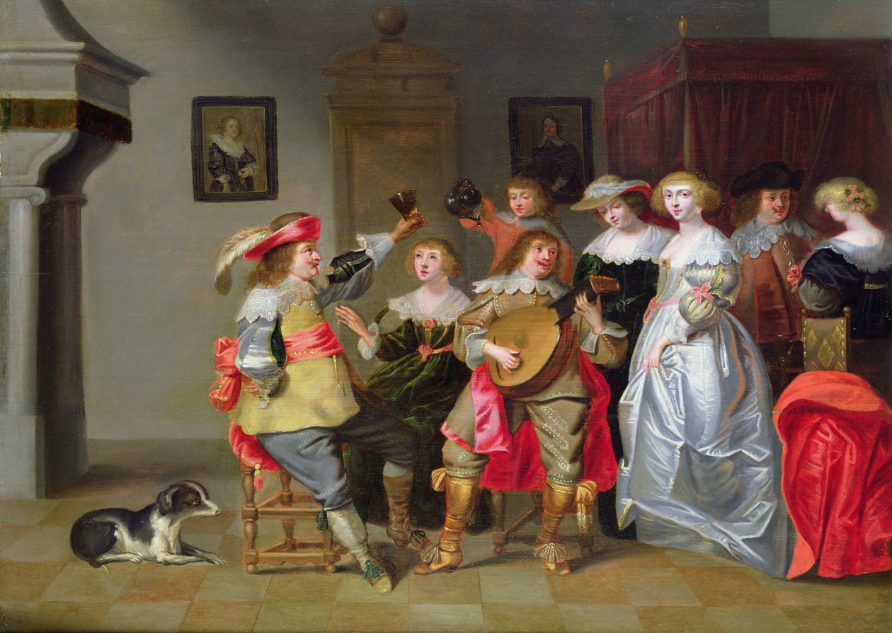 Ett elegant sällskap som firar glädje i en interiör av Christoffel Jacobsz van der Lamen