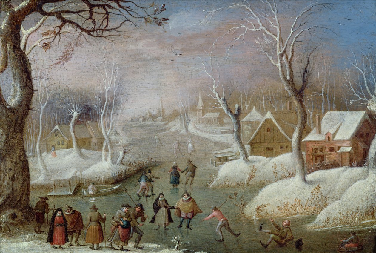 Vinterlandskap med skridskoåkare, 1600-talet av Christoffel van den circle of Berghe