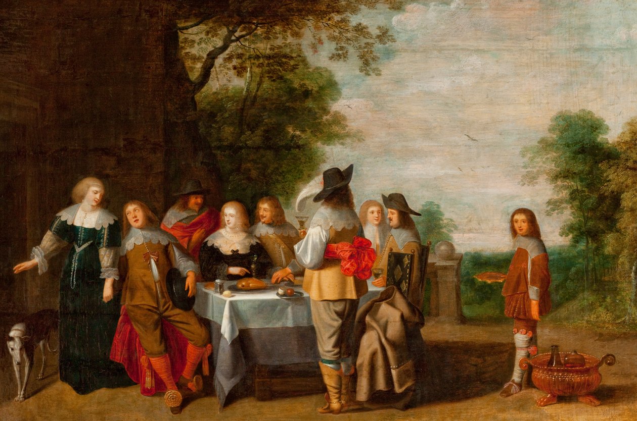 Företag vid ett bord i en park (olja på duk) av Christoffel Jacobsz Laemen van der