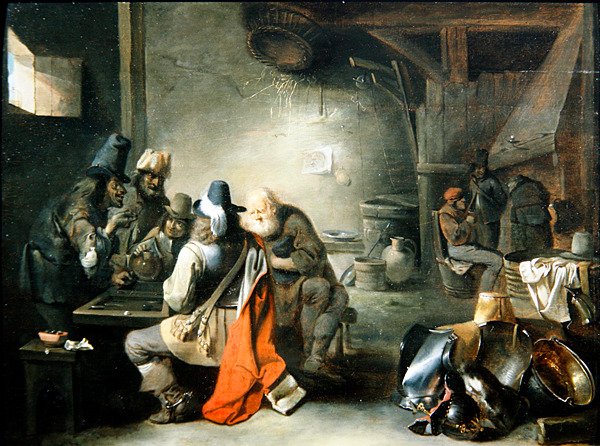 En grupp figurer som spelar backgammon (olja på panel) av Christoffel Jacobsz van der Lamen