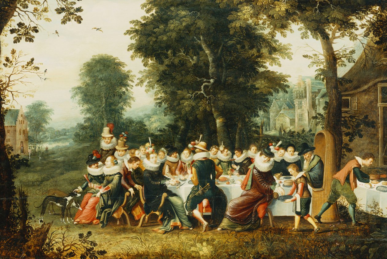 Eleganta figurer som sitter vid ett bankettbord i en skogbevuxen glänta, av Christoffel Jacobsz van der Lamen