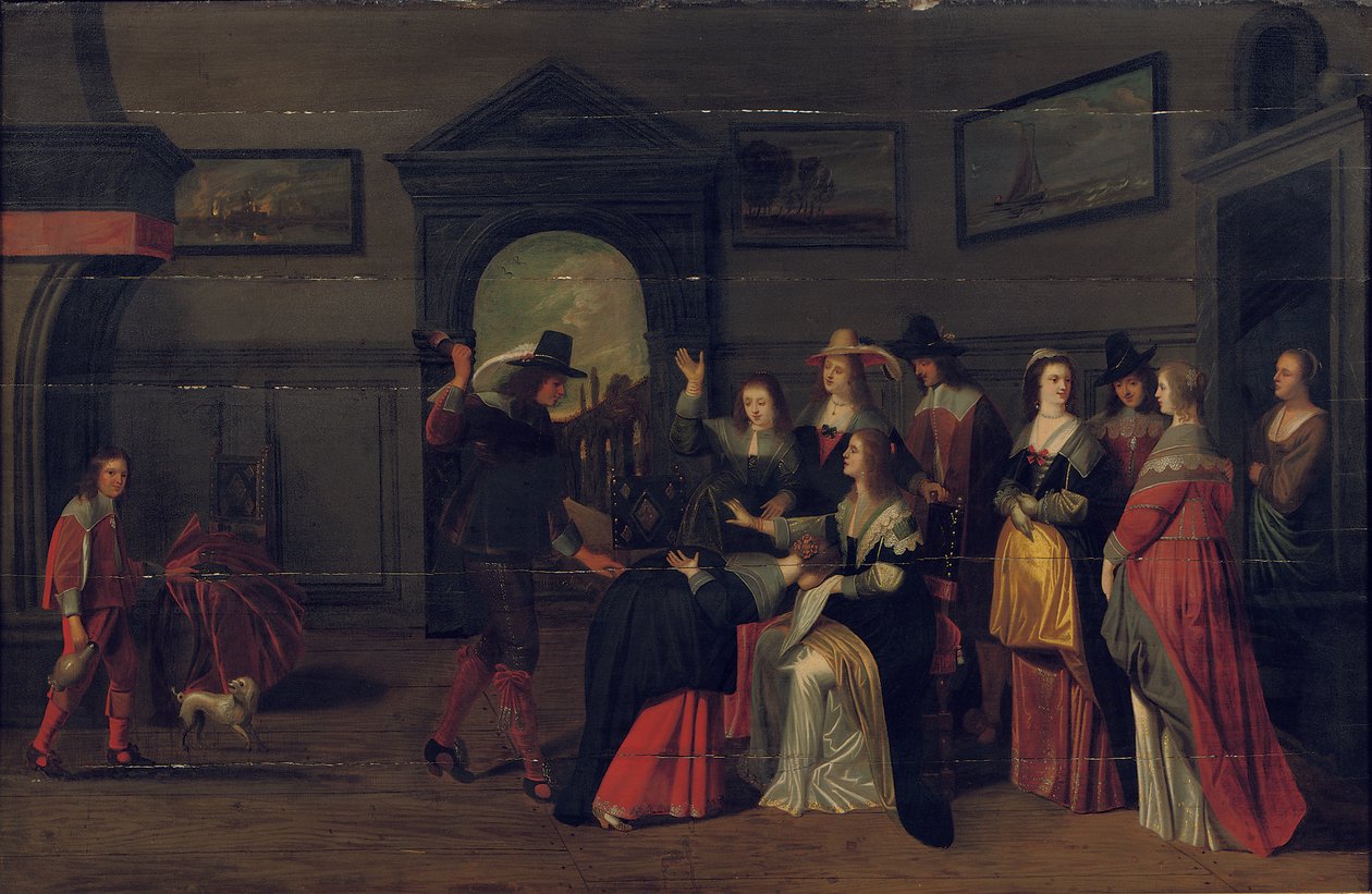 Elegant företag som spelar spelet La Main Chaude i en interiör av Christoffel Jacobsz van der Lamen