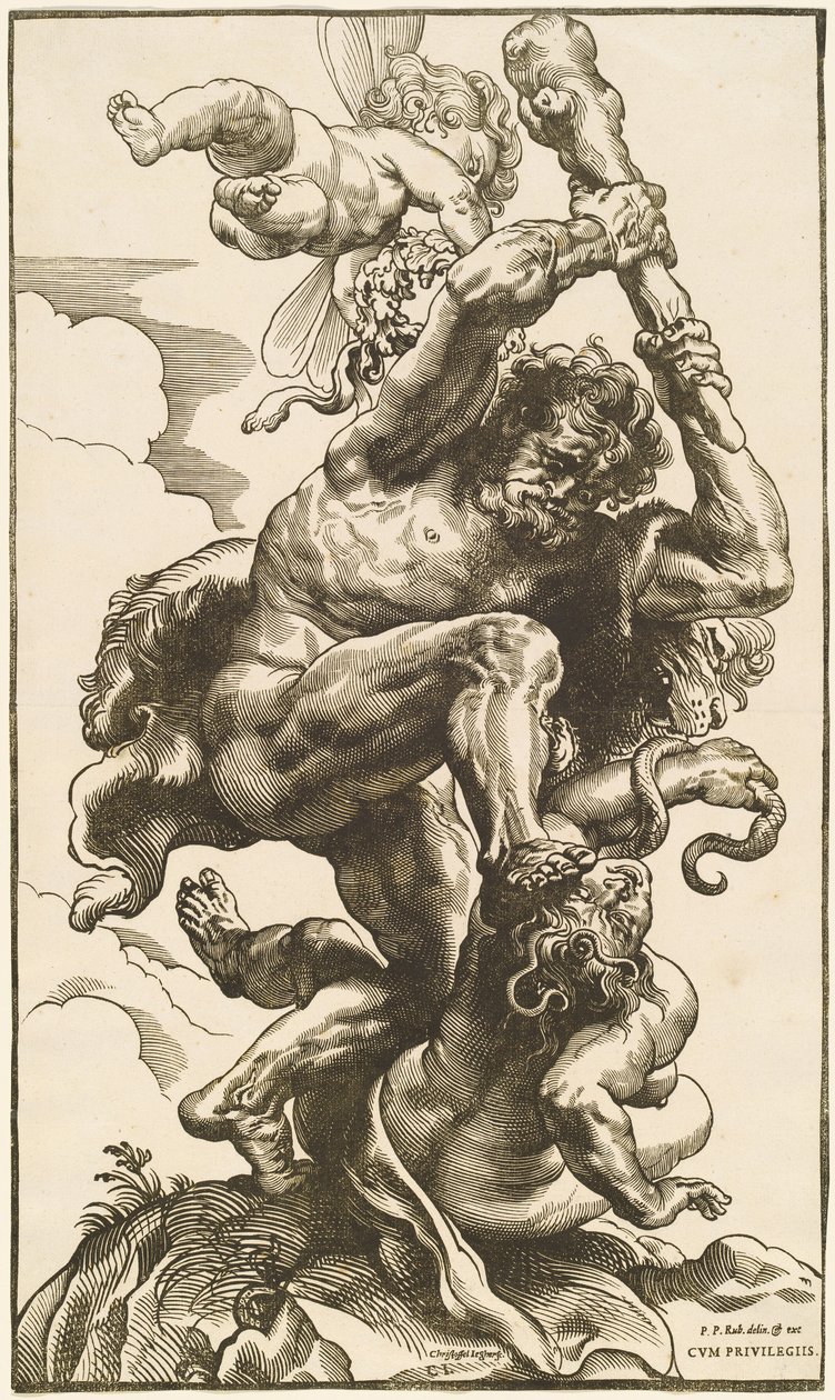 Hercules som kämpar mot raseri och oenighet av Christoffel Jegher after Sir Peter Paul Rubens