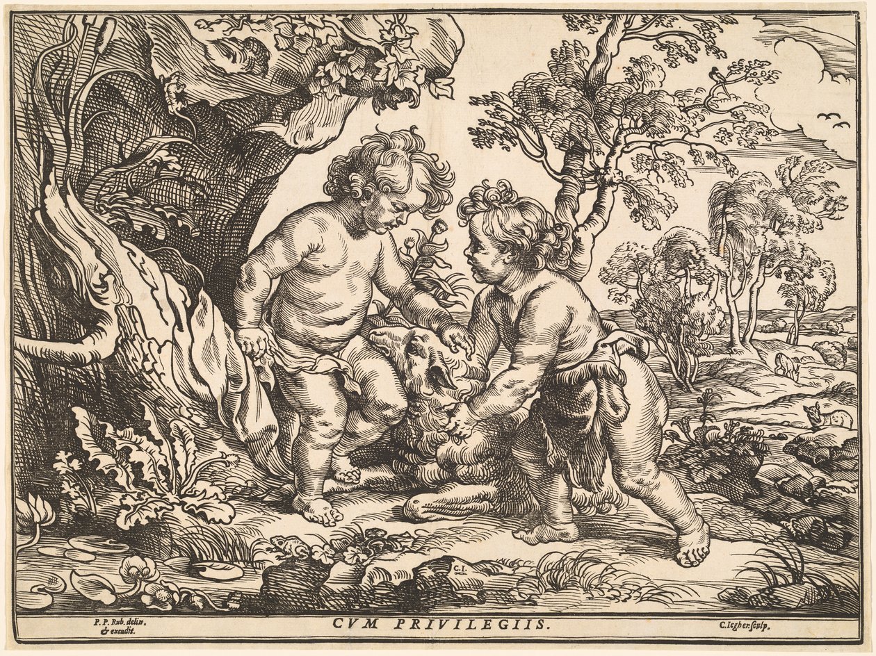 Spädbarnet Kristus och Sankt Johannes som leker med lammet av Christoffel Jegher after Sir Peter Paul Rubens