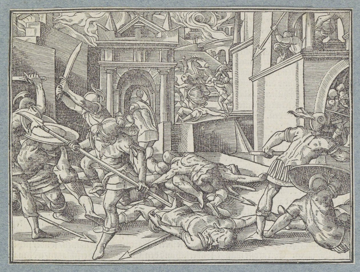 Stridande soldater i en stad Slaget i Jerusalem av Christoffel van Sichem (I)