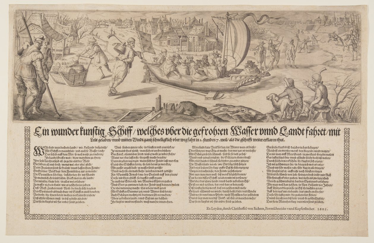 Bredsida med en pråm som seglar på is av Christoffel van Sichem I