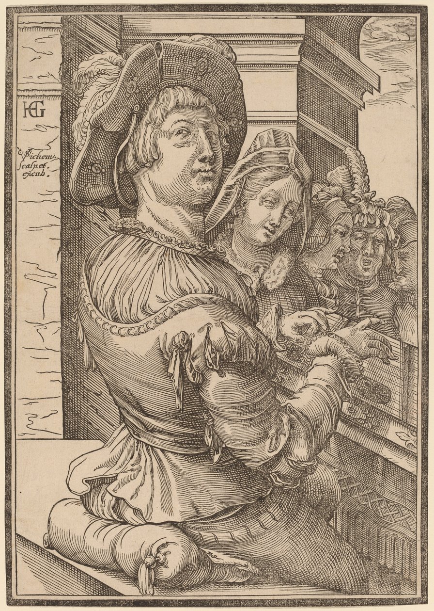 En ung man spelar ett psalterium av Christoffel van Sichem I after Hendrik Goltzius