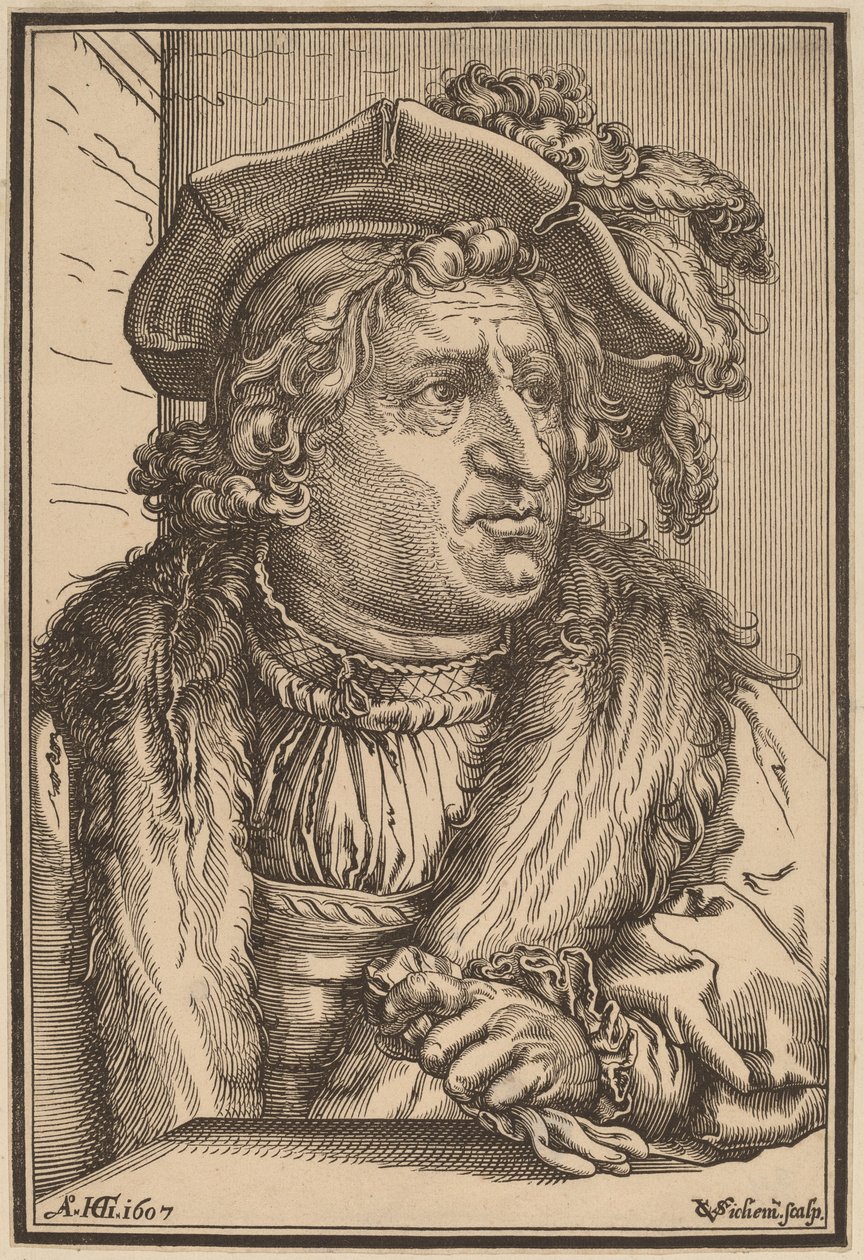 Man med plymmössa av Christoffel van Sichem I after Hendrik Goltzius