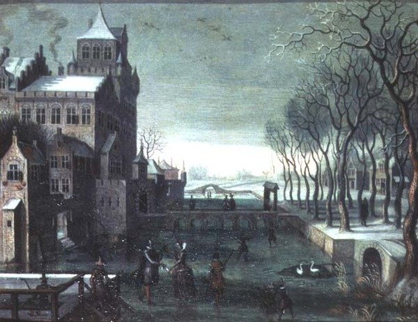 Vinterlandskap med figurer som åker skridskor vid ett vallonerat slott av Christoffel van den (circle of) Berghe