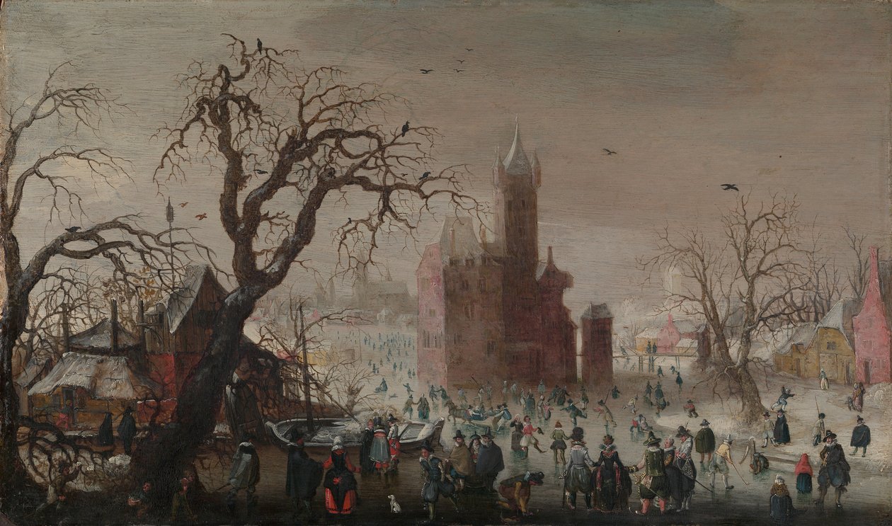 Ett vinterlandskap med skridskoåkare och ett imaginärt slott, ca. 1615-20. av Christoffel van den Berghe