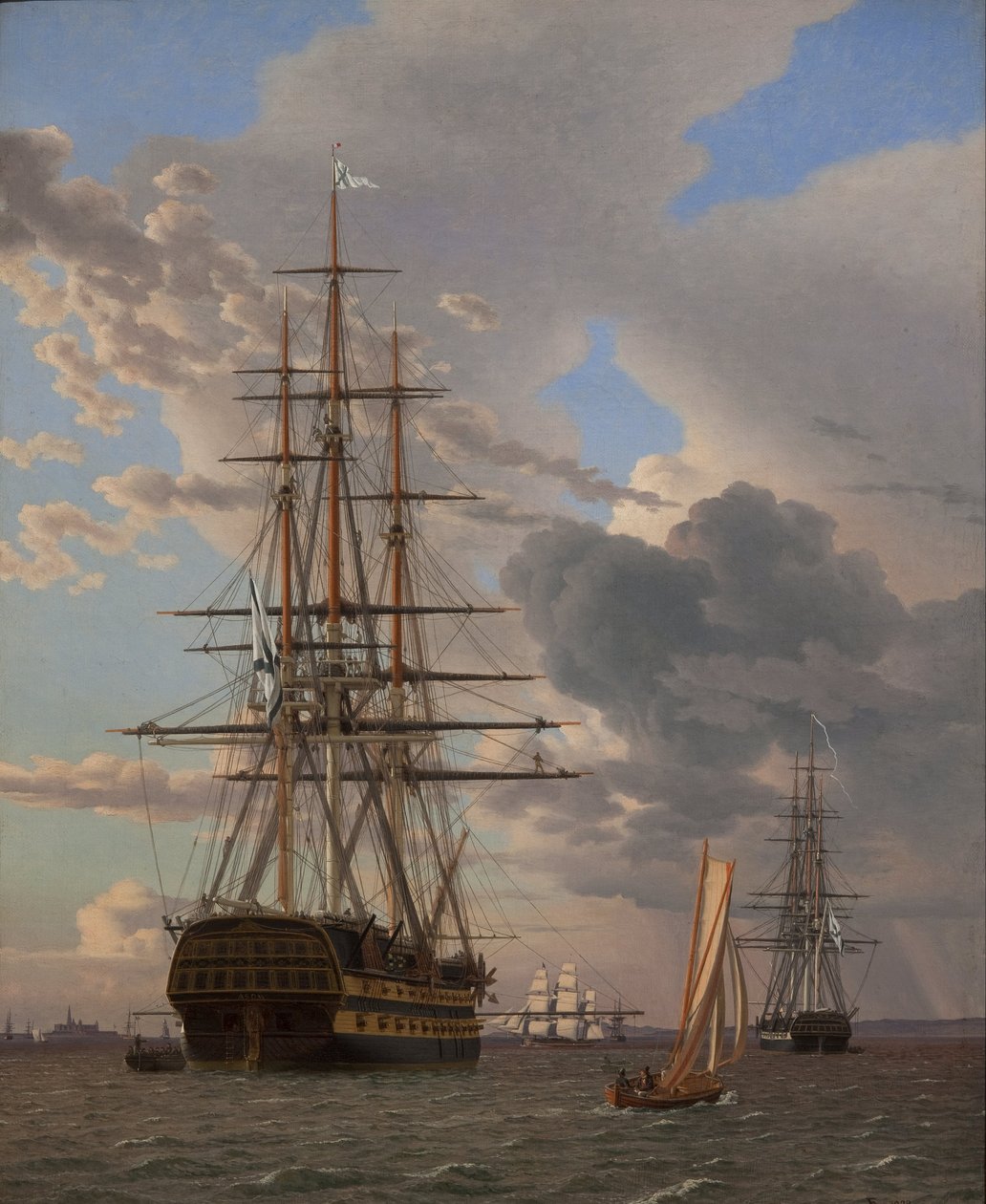 Det ryska skeppet av linjen Asow och en fregatt vid ankare i Helsingörs vägar av Christoffer Wilhelm Eckersberg