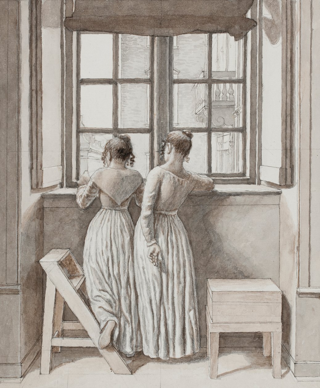Vid ett fönster i konstnärens studio, 1852 (Penna, grått bläck och brunt tvätt över penna inramad i ljusblå akvarell) av Christoffer Wilhelm Eckersberg