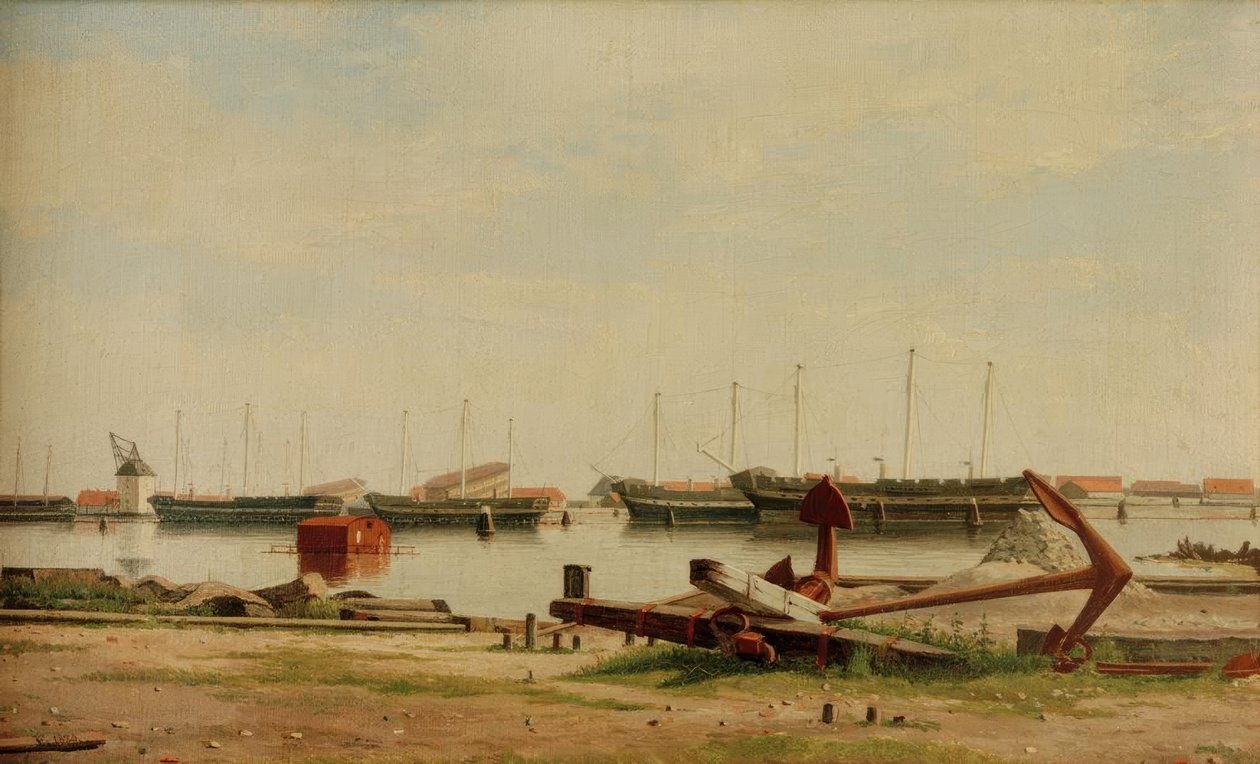 Utsikt över Nyholm med kran och örlogsfartyg av Christoffer Wilhelm Eckersberg