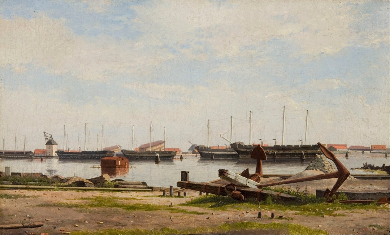 Parti av Nyholm med kranen och några örlogsfartyg av Christoffer Wilhelm Eckersberg