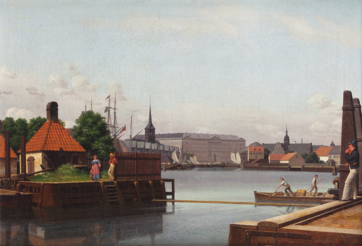 Börsen, Christiansborg och Holmens kyrka, sedd från Asiatiska Kompaniets plats. av Christoffer Wilhelm Eckersberg